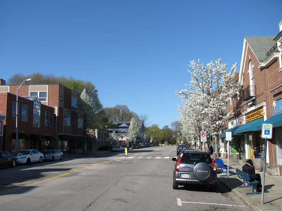 Looking north on Leonard Street, Belmont Center MA: the head-office city of Belmont Savings Bank