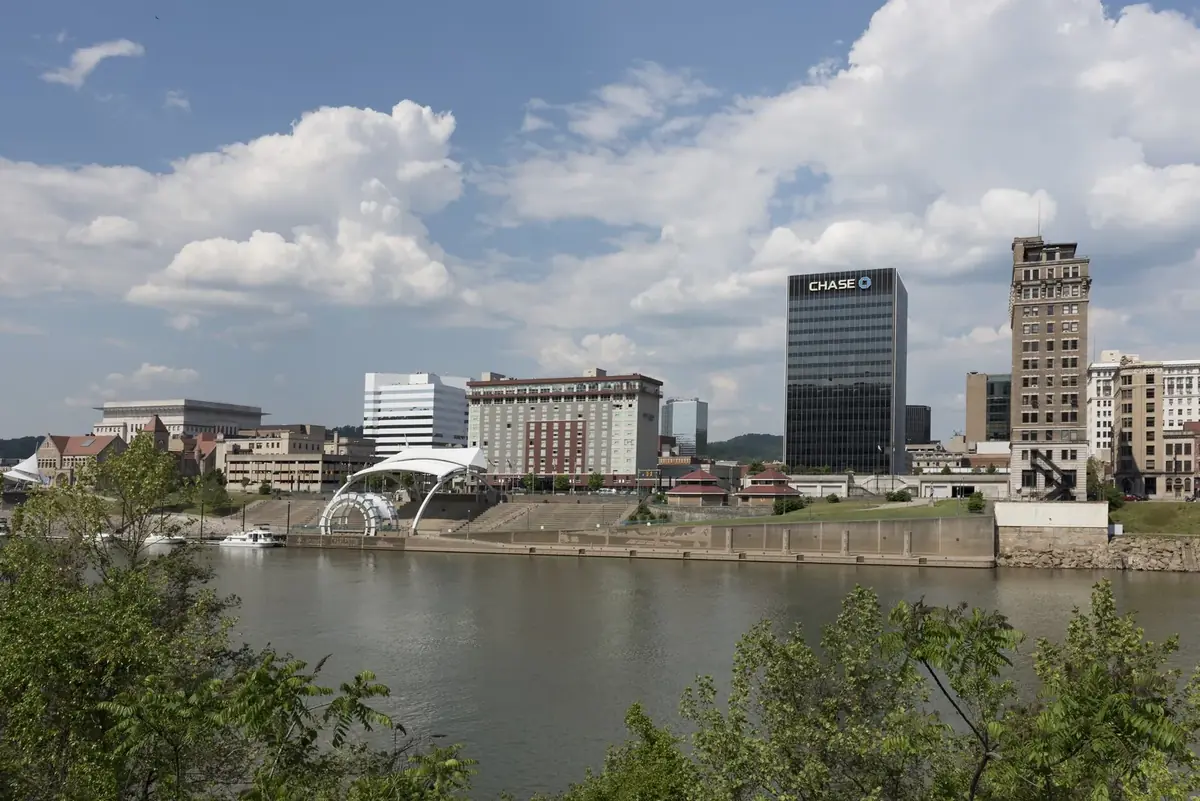 View across the Kanawha River of Charleston, the capital city of West Virginia: the head-office city of City National Bank of West Virginia