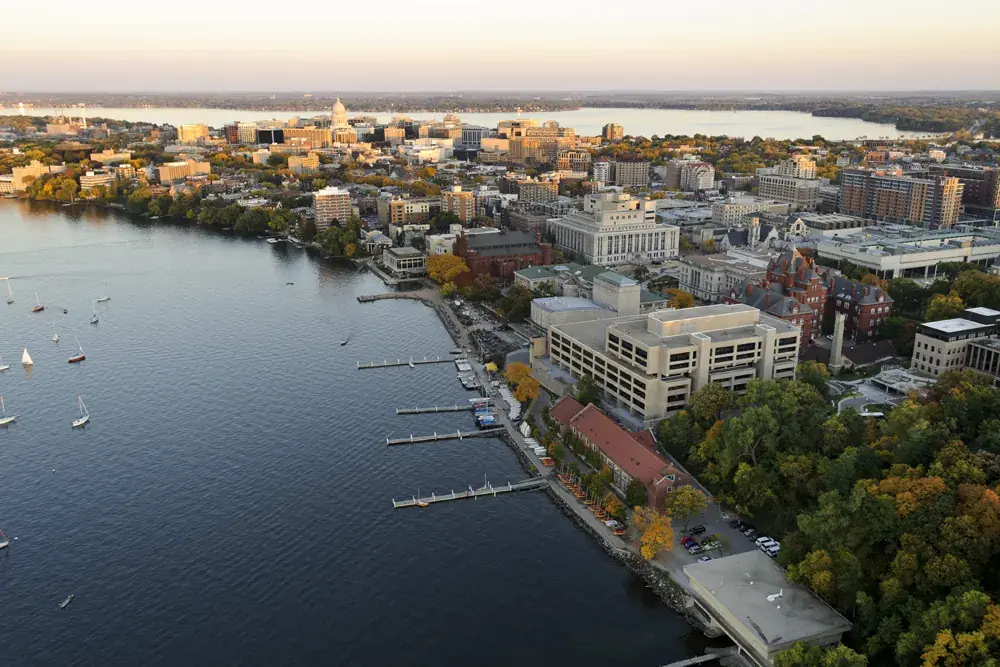 Aerial View of Campus, with Helen C. White Hall in foreground, Madison, WI: the head-office city of First Business Bank