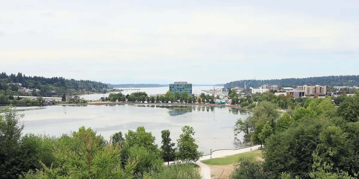 Capitol Lake, Olympia, Washington, July 20, 2025: the head-office city of Heritage Bank